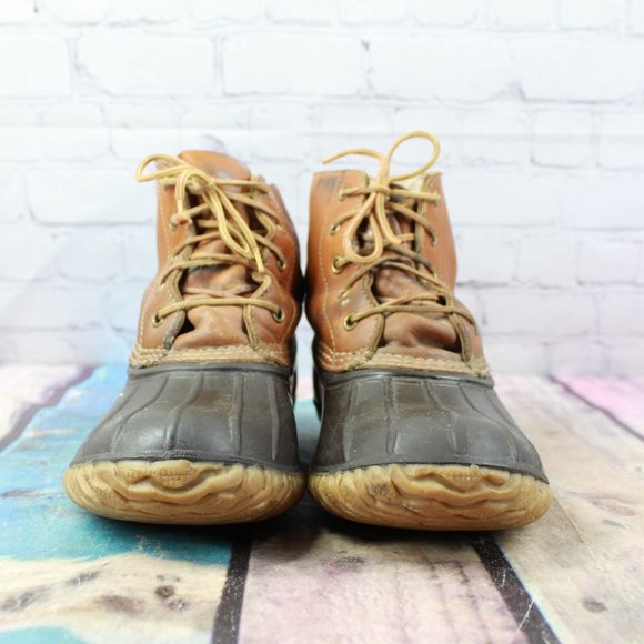 Vintage LL Bean Unlined Brown Leather Lace Up Leather Duck Boots Size 7 - Picture 4 of 9